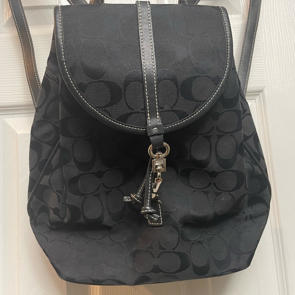 Coach Black Monogram Backpack with Leather Trim